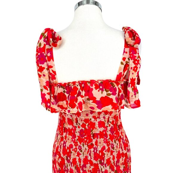 TCEC Red Pink Floral Smocked Mini Dress Ruffle Hem Tie Straps Size Large - Picture 7 of 12